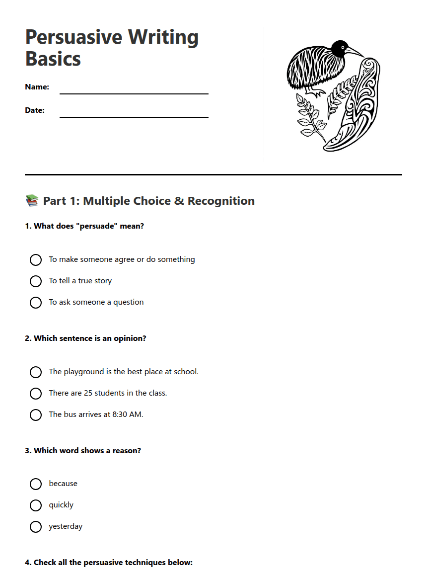 Persuasive Writing Basics worksheet preview