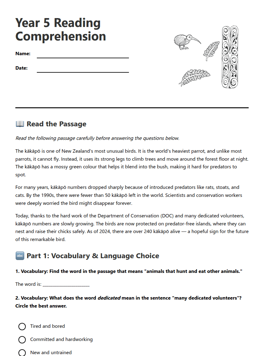 Year 5 Reading Comprehension worksheet preview
