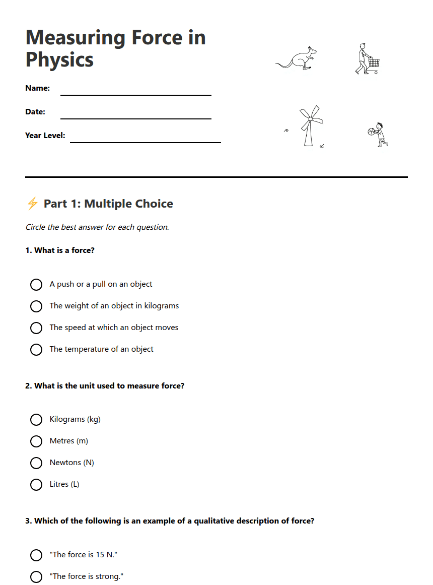 Measuring Force Worksheet worksheet preview