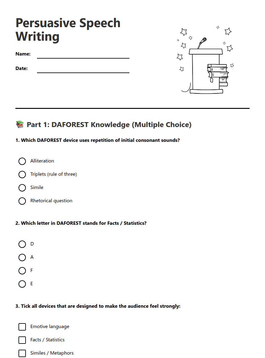 Persuasive Speech Writing worksheet preview
