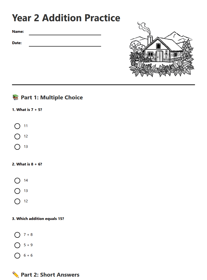 Year 2 Addition Practice worksheet preview