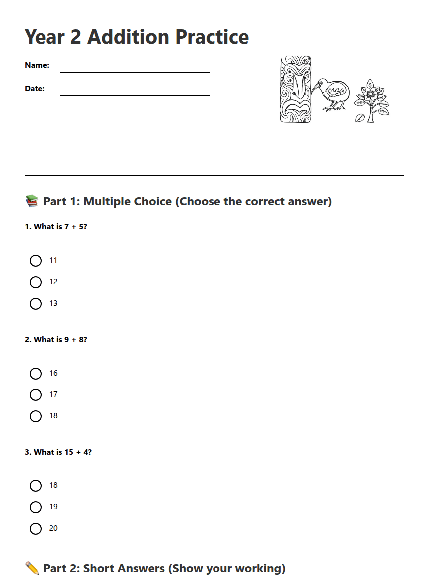 Year 2 Addition Practice worksheet preview