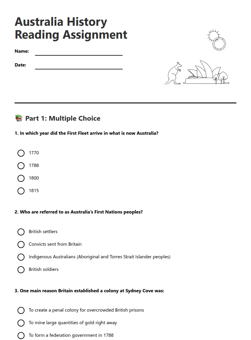 Australia History Reading Assignment worksheet preview