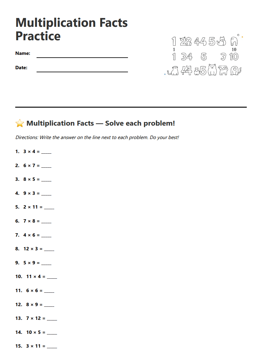 Multiplication Facts Practice worksheet preview