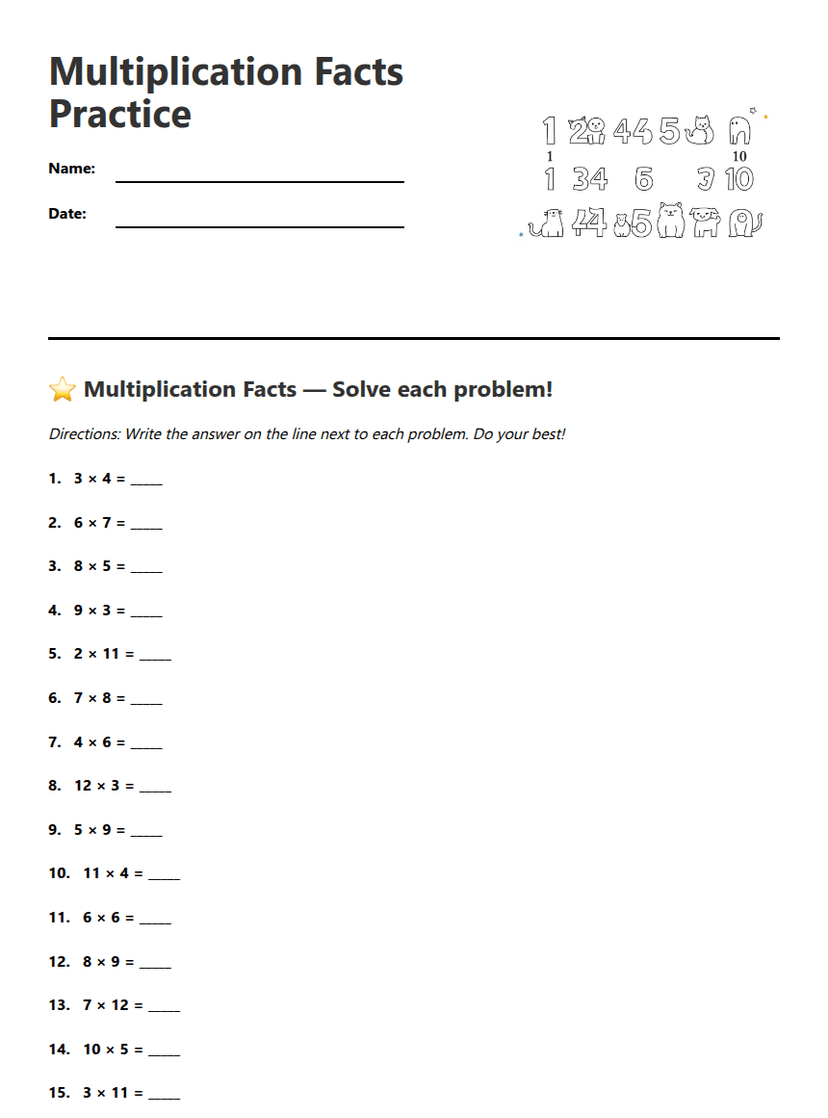 Multiplication Facts Practice