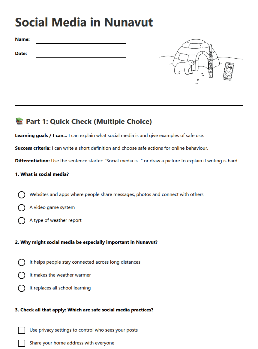Social Media in Nunavut worksheet preview