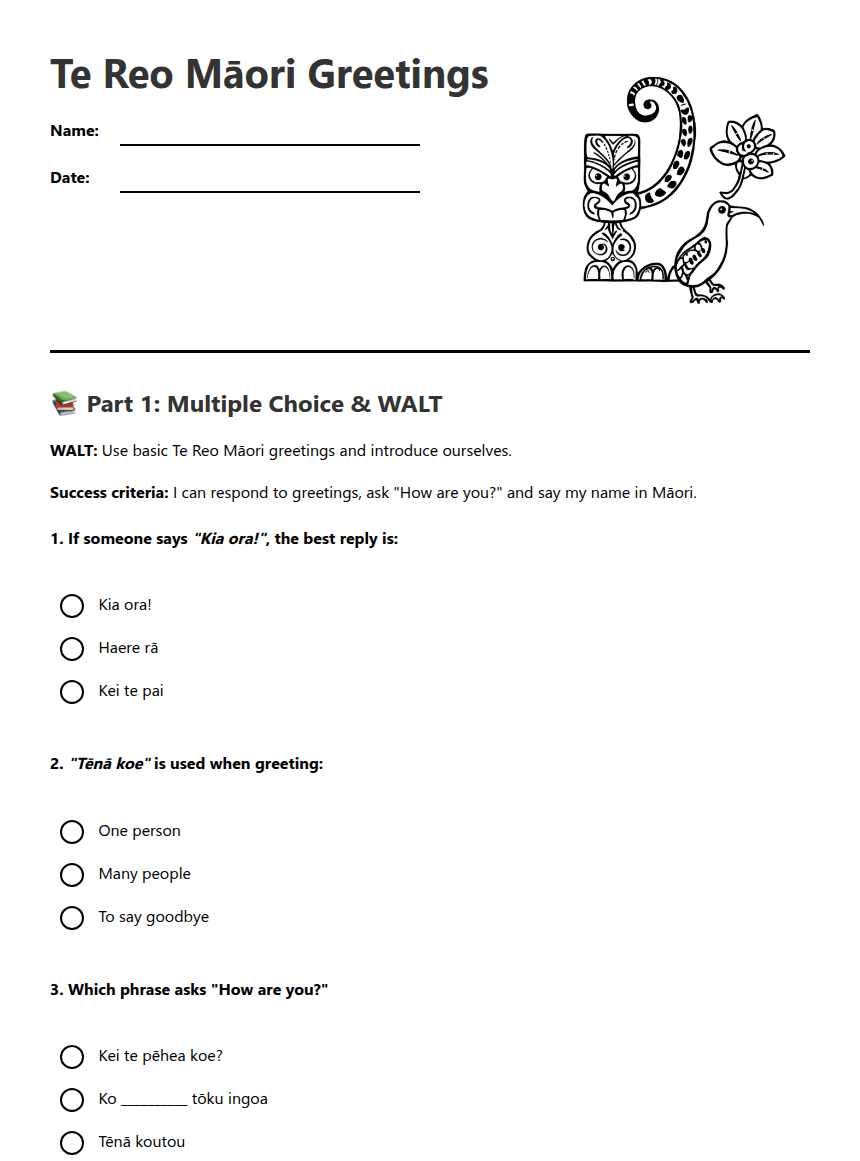 Te Reo Māori Greetings worksheet preview