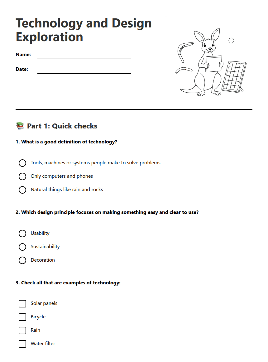 Technology and Design Exploration worksheet preview
