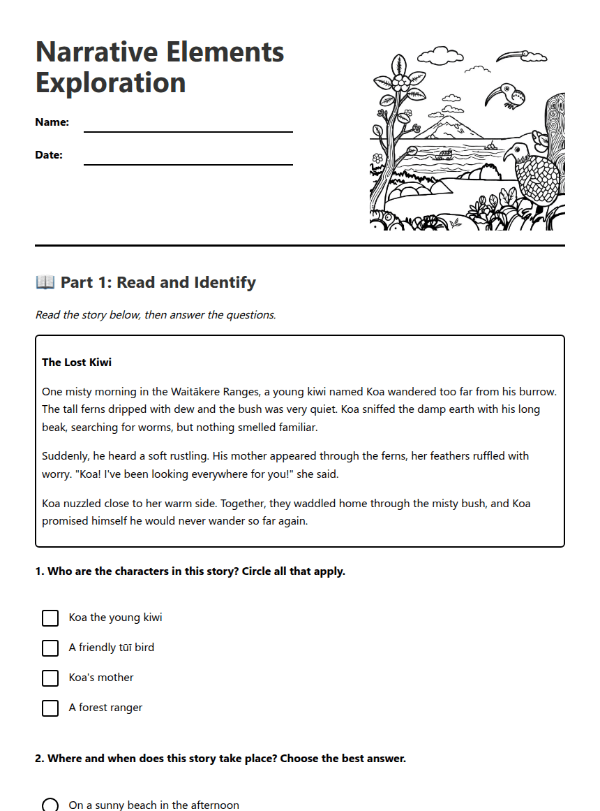 Narrative Elements Exploration worksheet preview