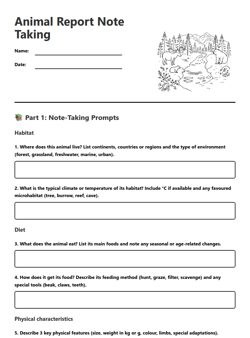 Animal Report Note Taking worksheet preview