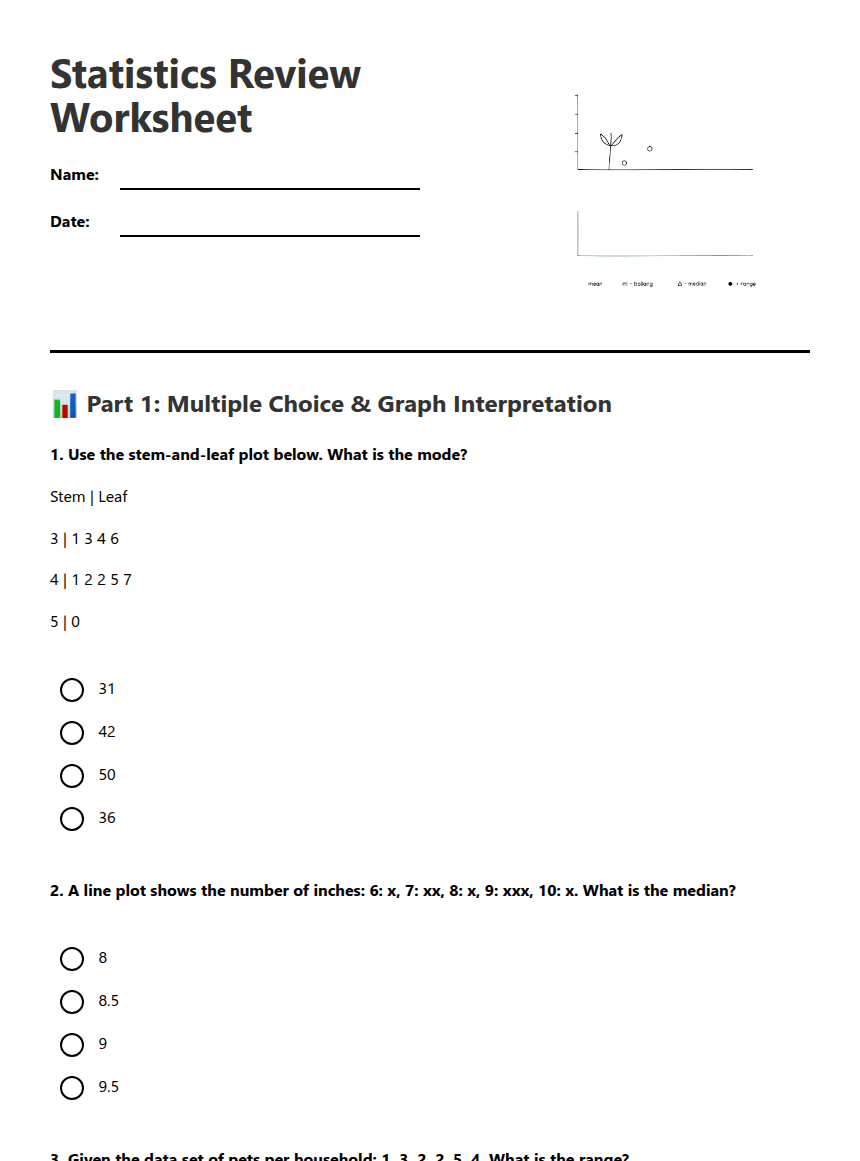 Statistics Review Worksheet worksheet preview