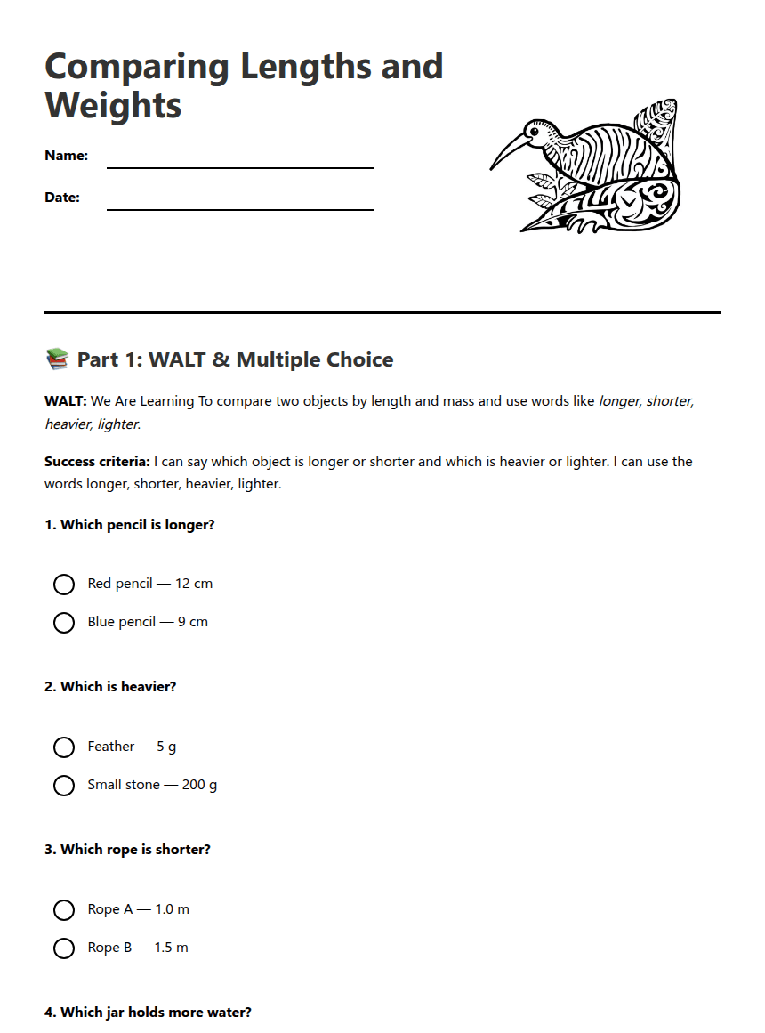 Comparing Lengths and Weights worksheet preview