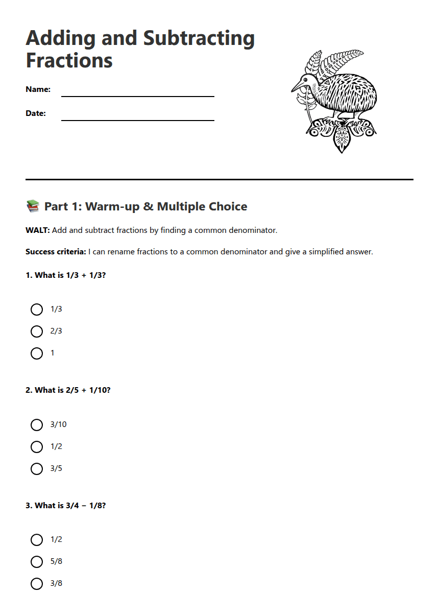 Adding and Subtracting Fractions worksheet preview