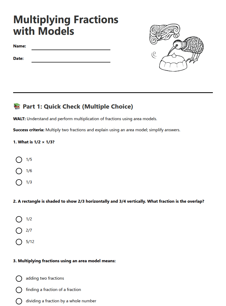 Multiplying Fractions with Models worksheet preview