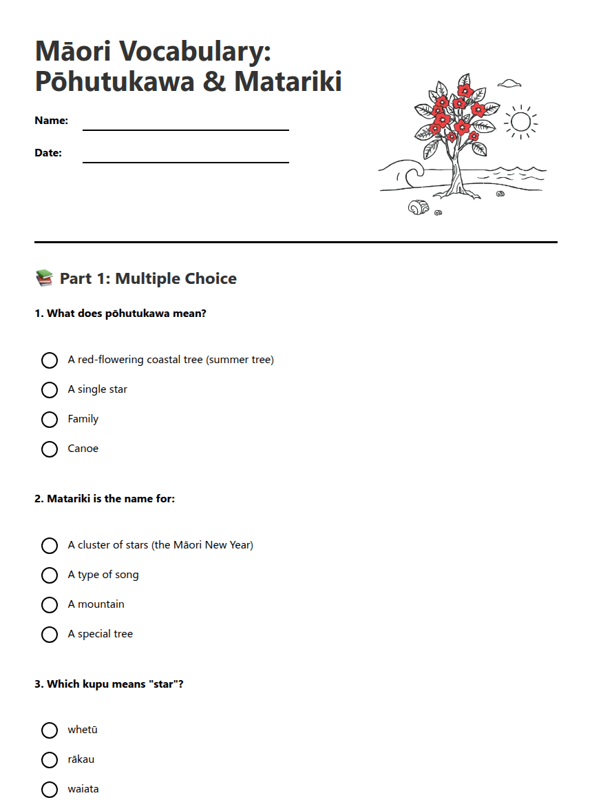 Māori Vocabulary: Pōhutukawa & Matariki worksheet preview
