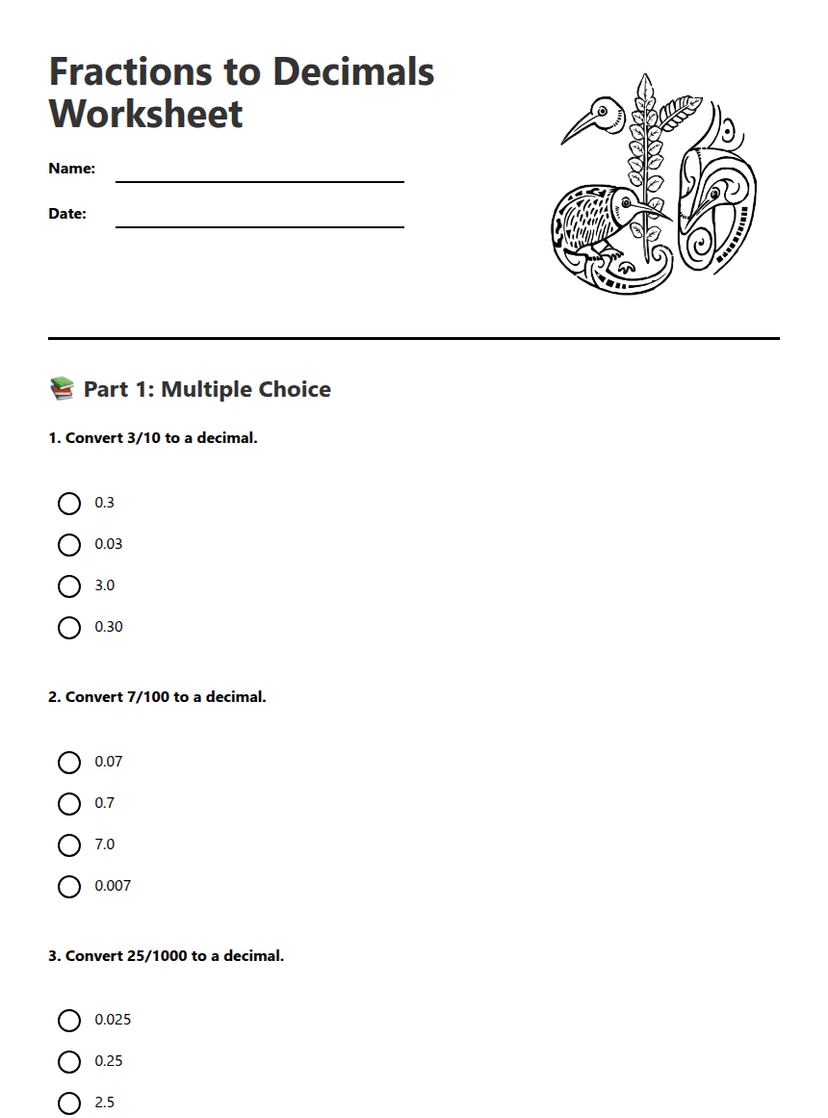 Fractions to Decimals Worksheet