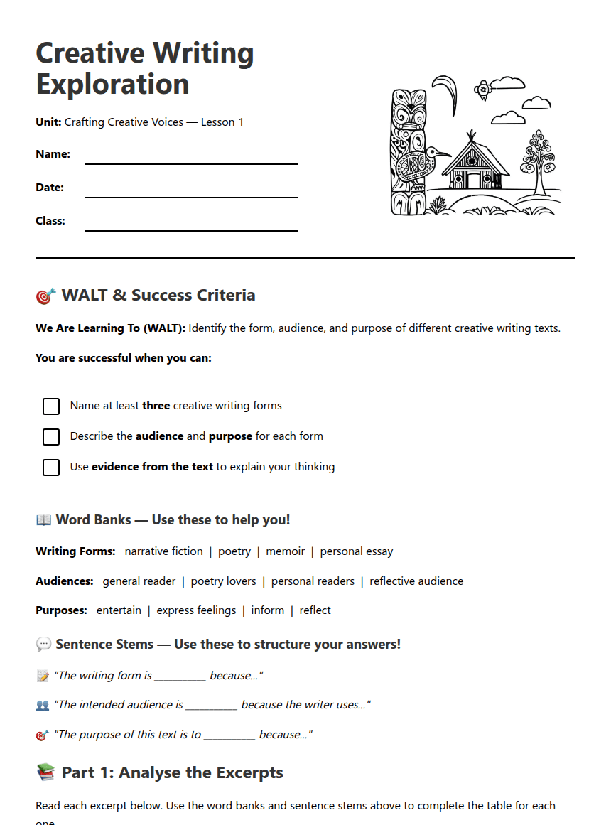 Creative Writing Exploration worksheet preview