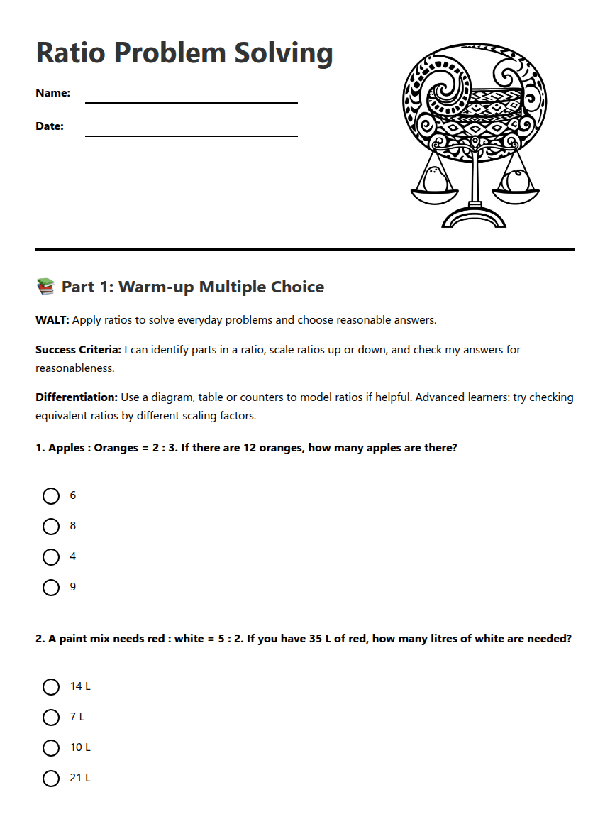 Ratio Problem Solving worksheet preview