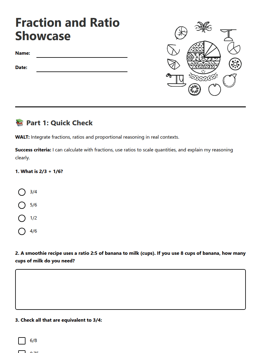 Fraction and Ratio Showcase worksheet preview