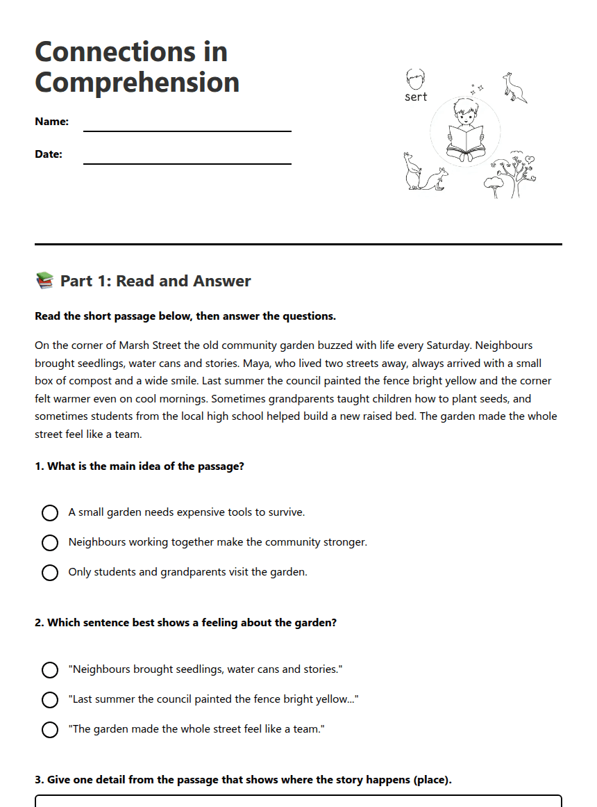 Connections in Comprehension worksheet preview