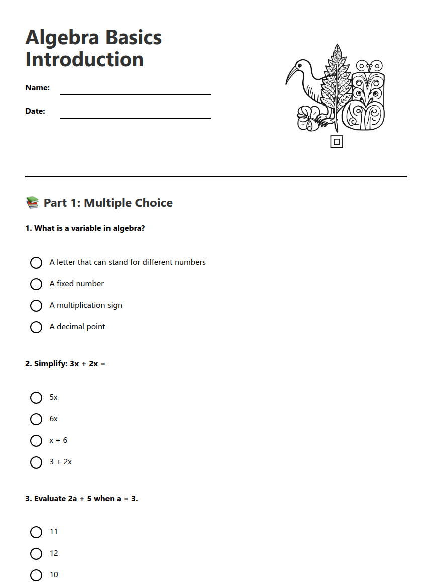 Algebra Basics Introduction worksheet preview