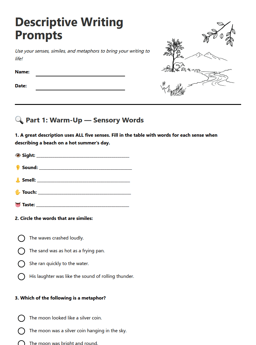 Descriptive Writing Prompts worksheet preview