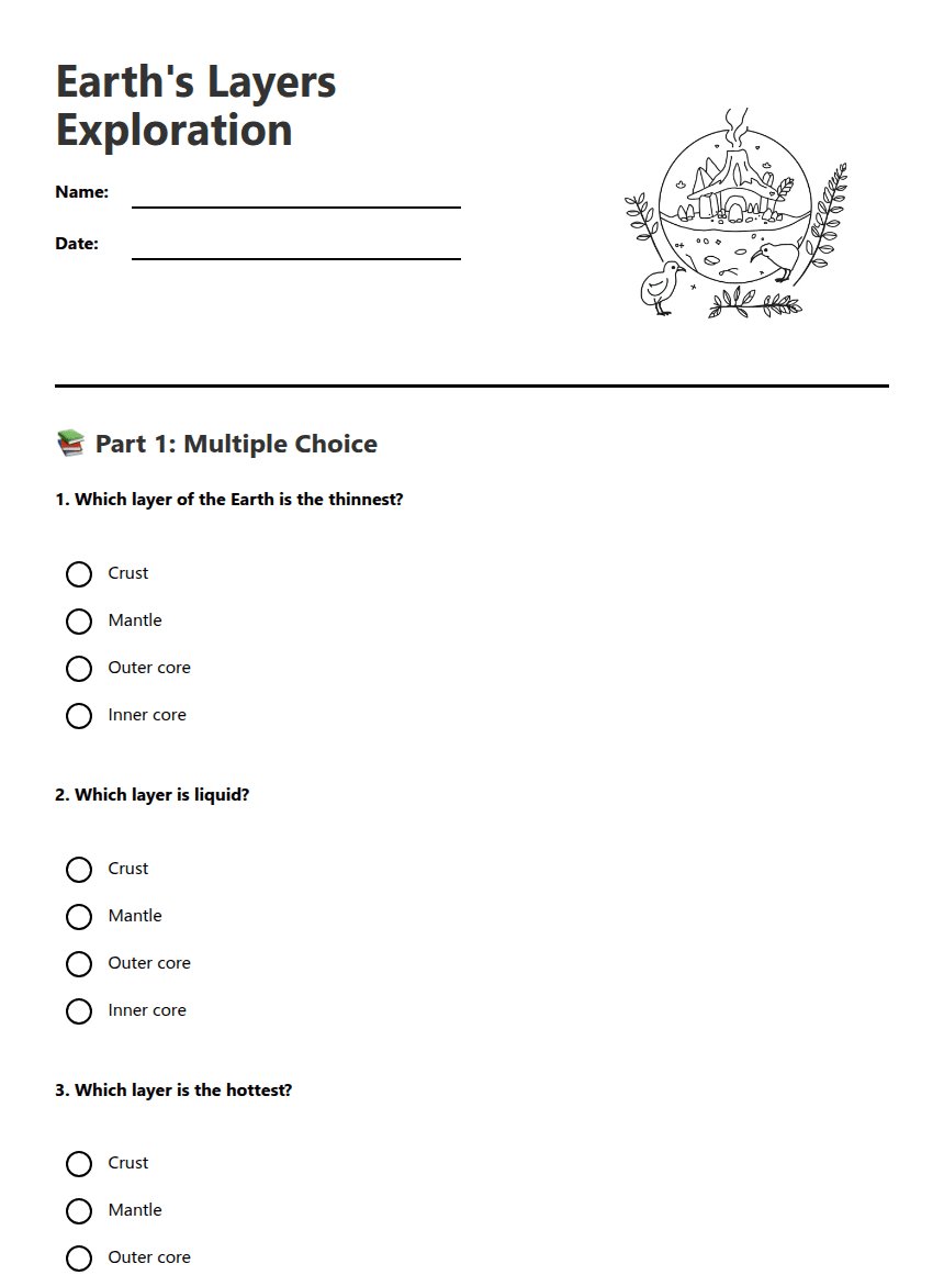 Earth's Layers Exploration worksheet preview