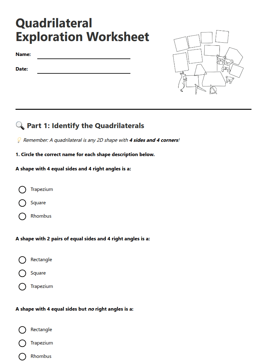 Quadrilateral Exploration Worksheet worksheet preview