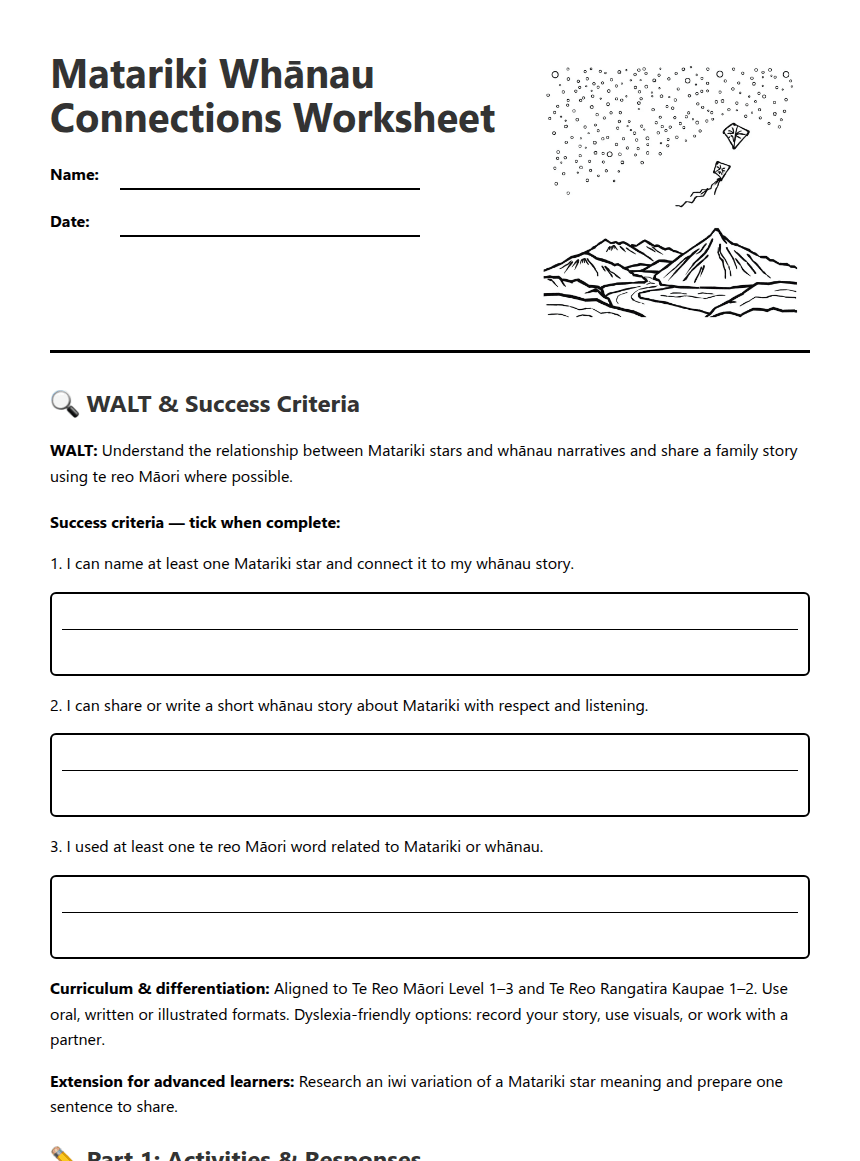 Matariki Whānau Connections Worksheet worksheet preview