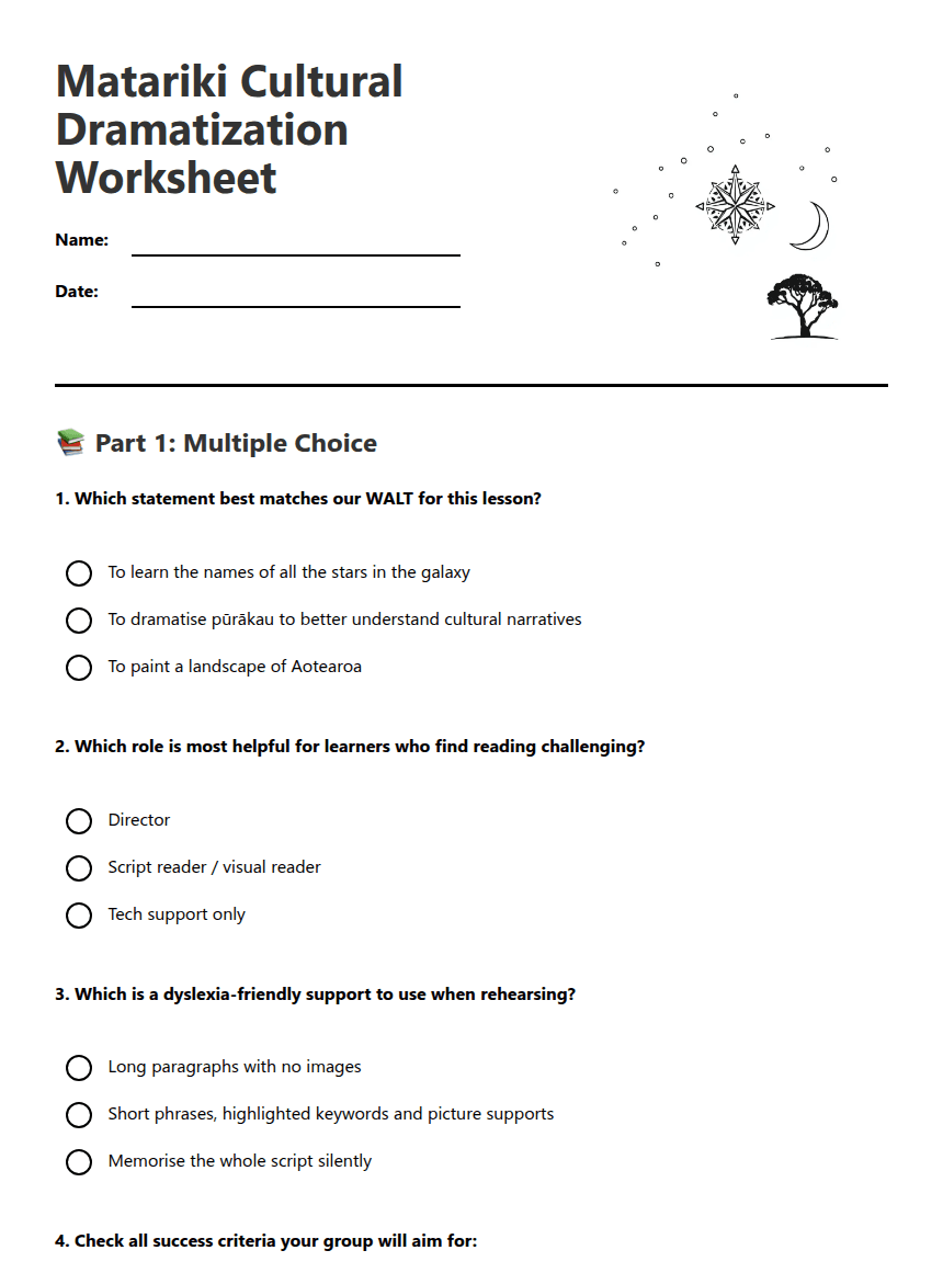 Matariki Cultural Dramatization Worksheet worksheet preview