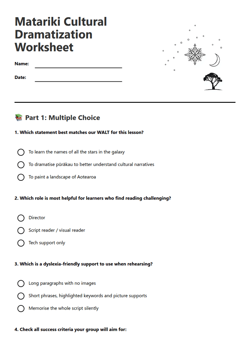 Matariki Cultural Dramatization Worksheet
