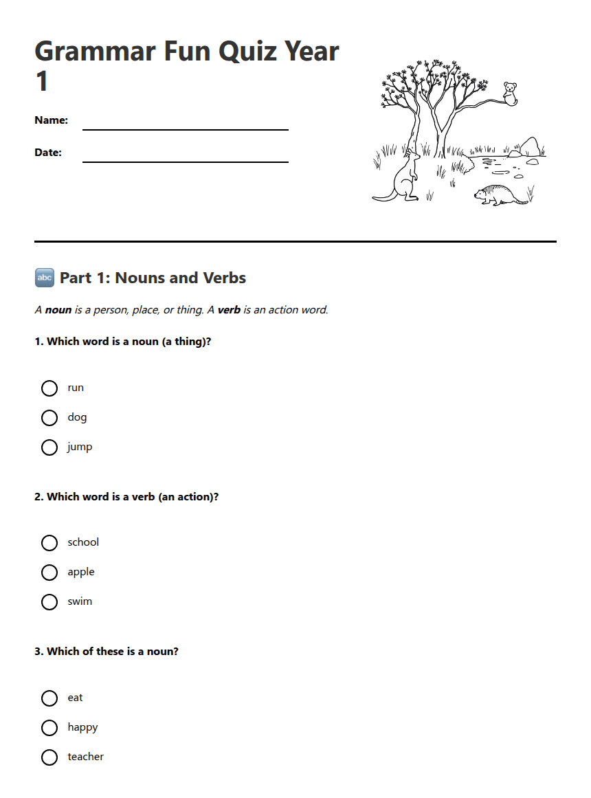 Grammar Fun Quiz Year 1 worksheet preview