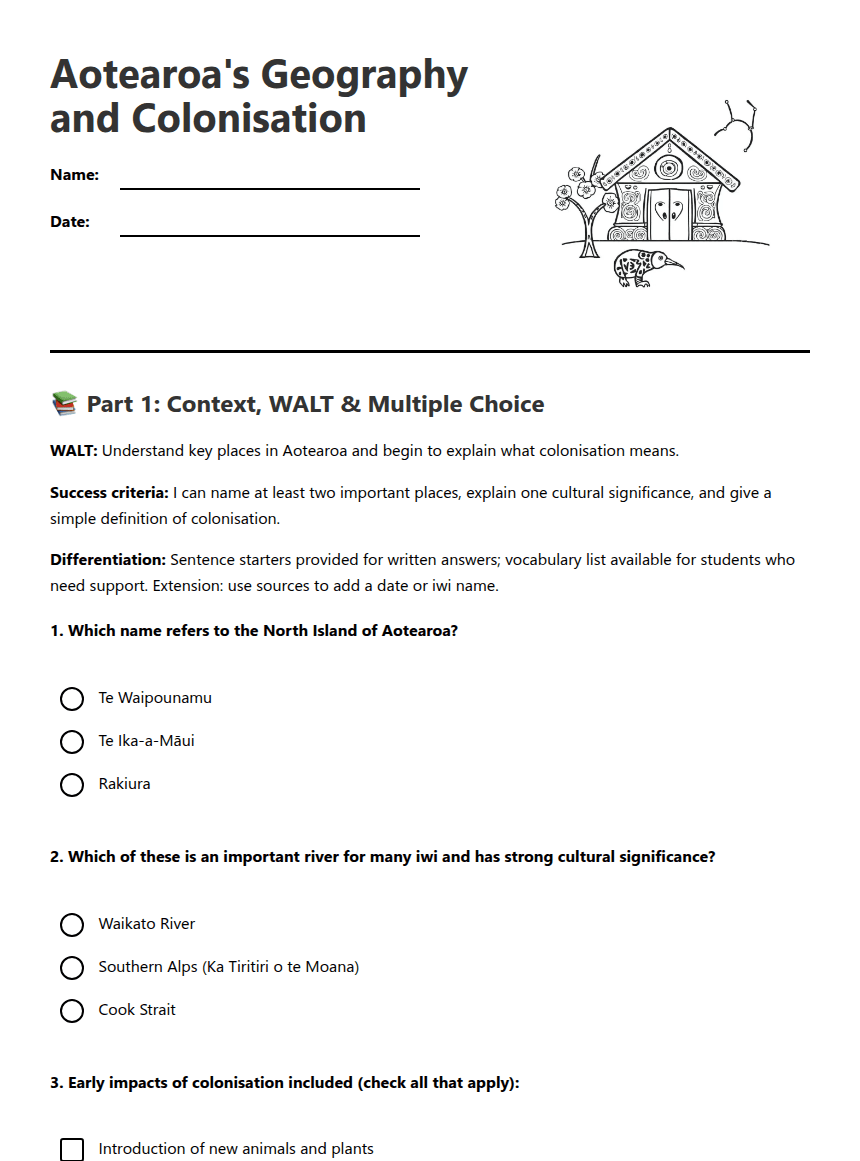 Aotearoa's Geography and Colonisation worksheet preview
