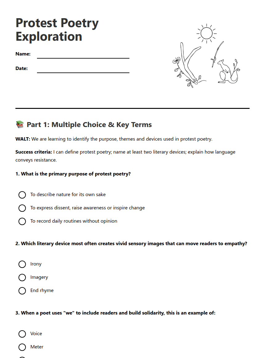 Protest Poetry Exploration worksheet preview