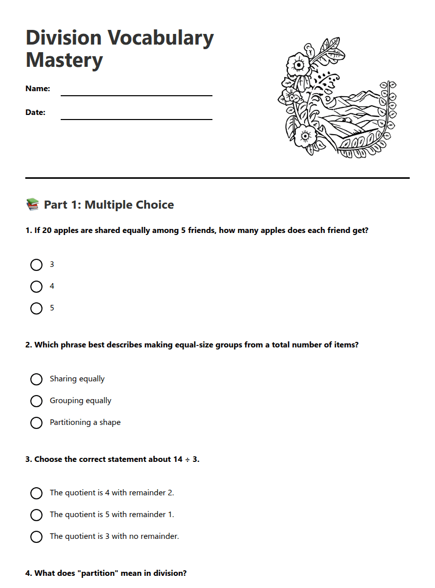 Division Vocabulary Mastery worksheet preview