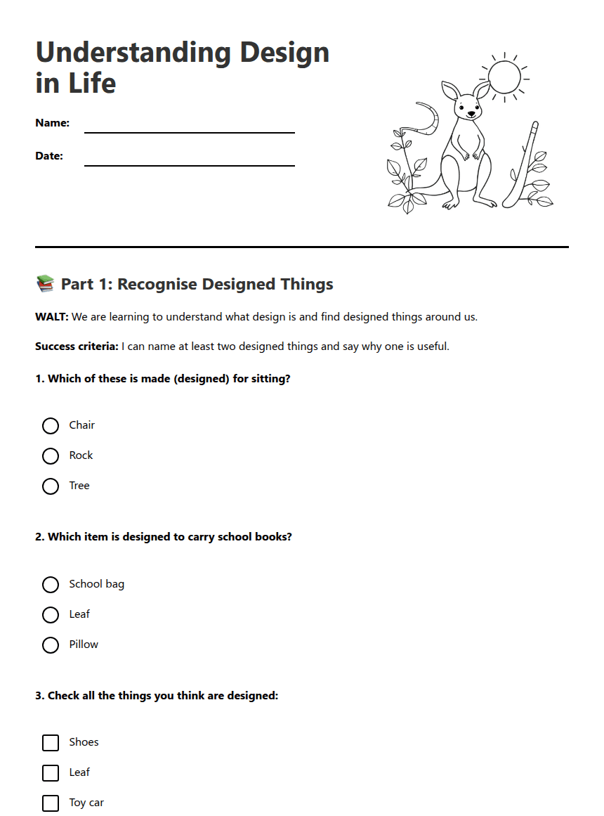 Understanding Design in Life worksheet preview