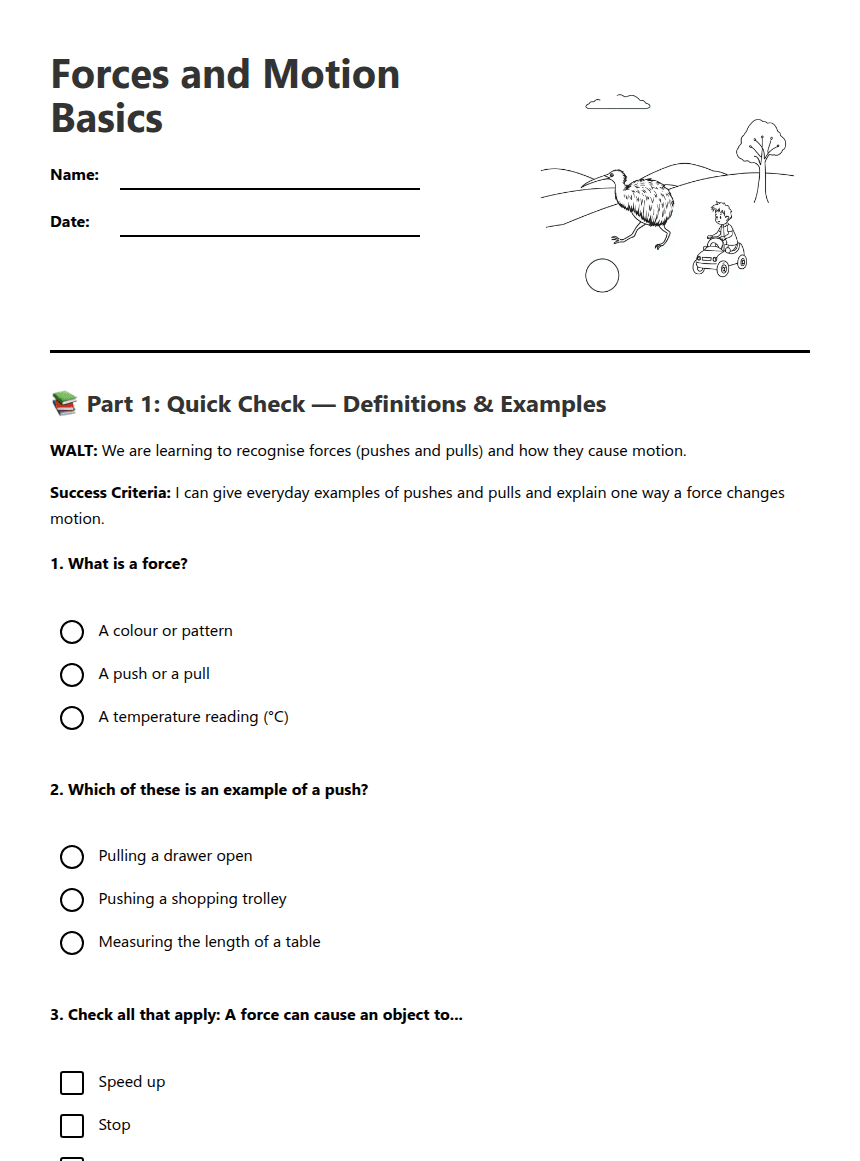 Forces and Motion Basics worksheet preview