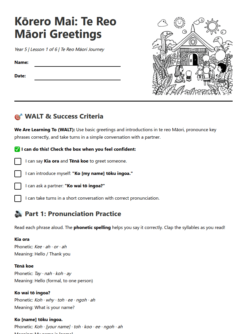Te Reo Māori Greetings worksheet preview