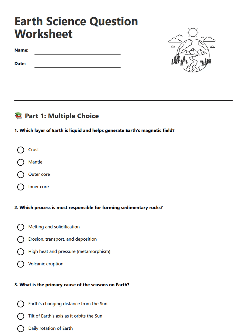 Earth Science Question Worksheet