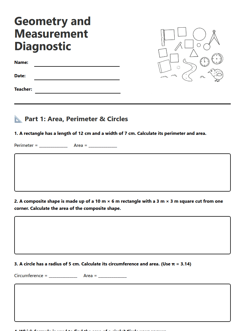 Geometry and Measurement Diagnostic worksheet preview