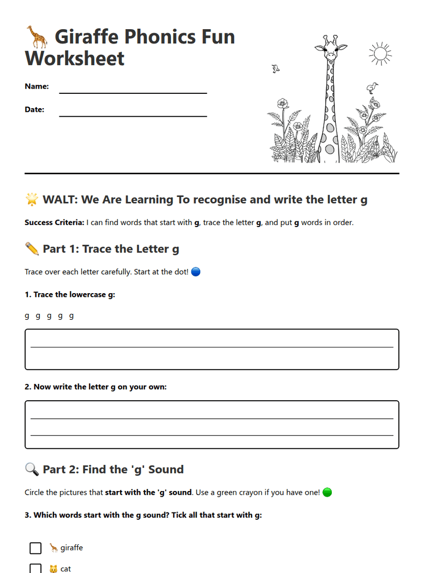 Giraffe Phonics Fun Worksheet