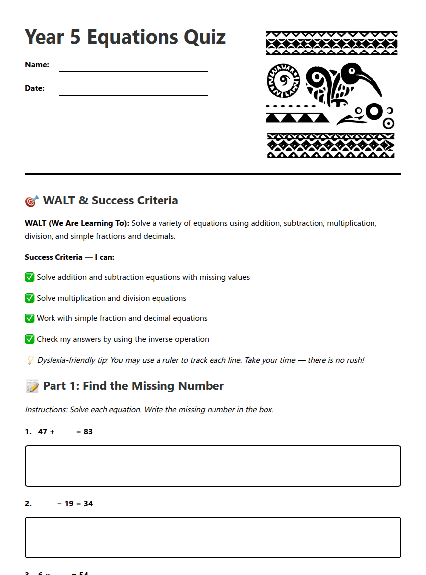 Year 5 Equations Quiz worksheet preview