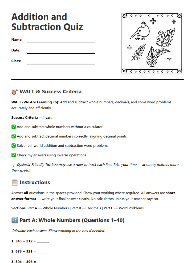 Addition and Subtraction Quiz