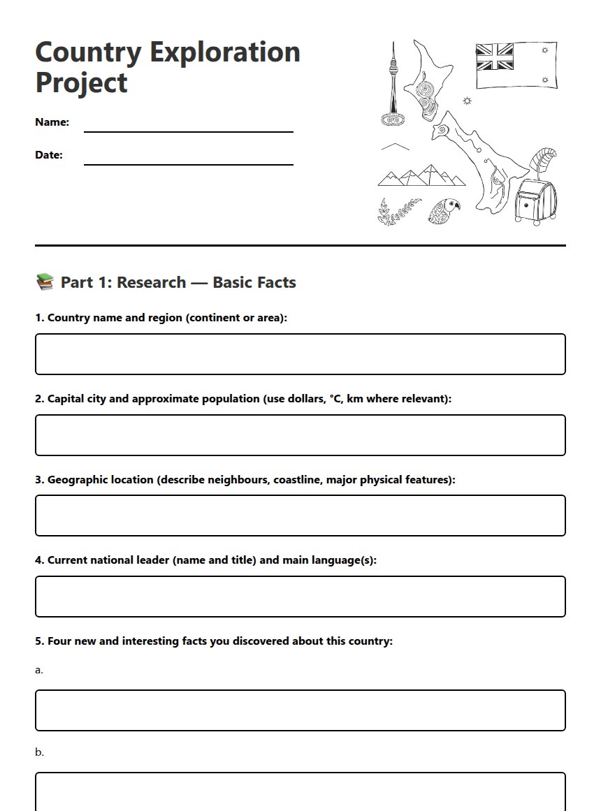 Country Exploration Project worksheet preview