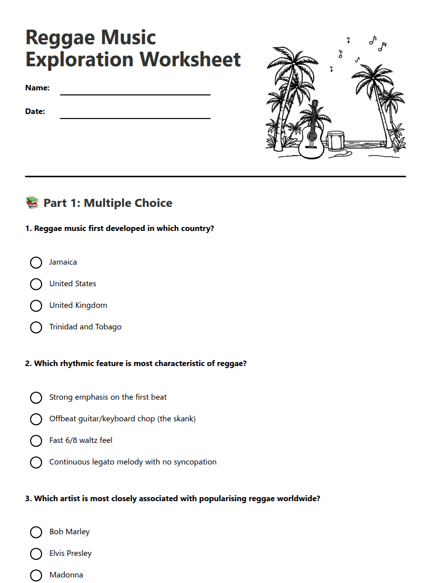Reggae Music Exploration Worksheet worksheet preview