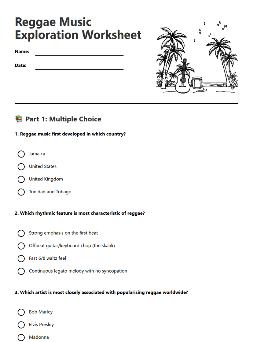 Reggae Music Exploration Worksheet