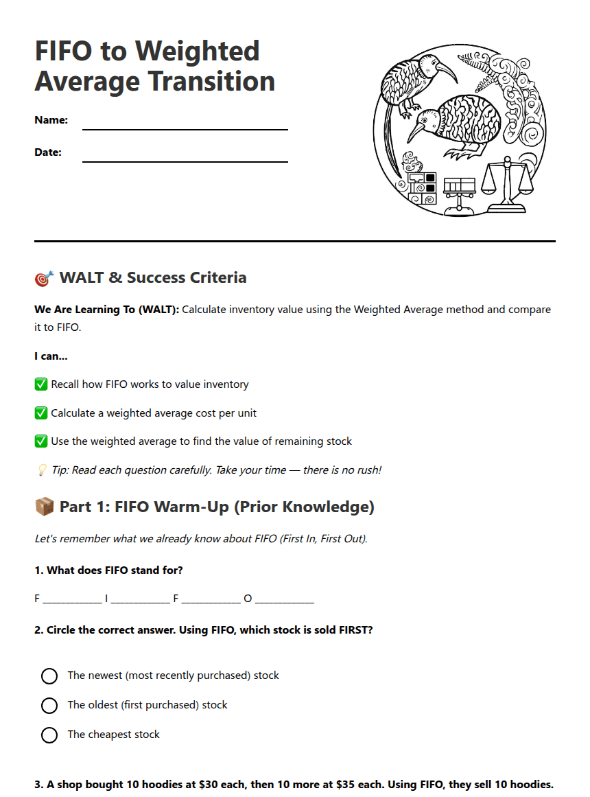 FIFO to Weighted Average Transition worksheet preview