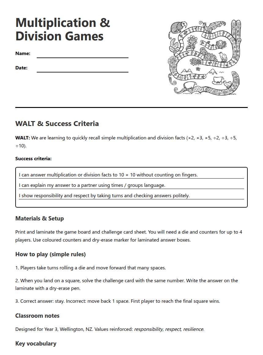 Multiplication & Division Games worksheet preview
