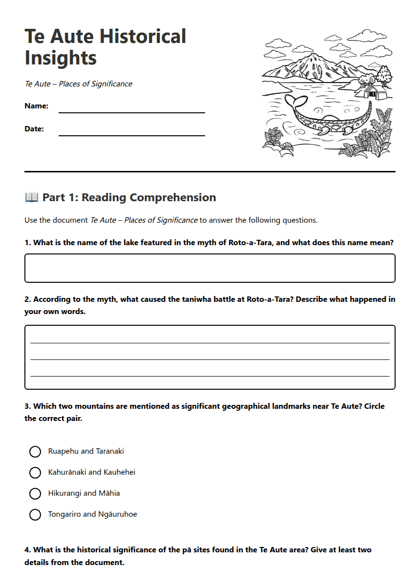Te Aute Historical Insights worksheet preview