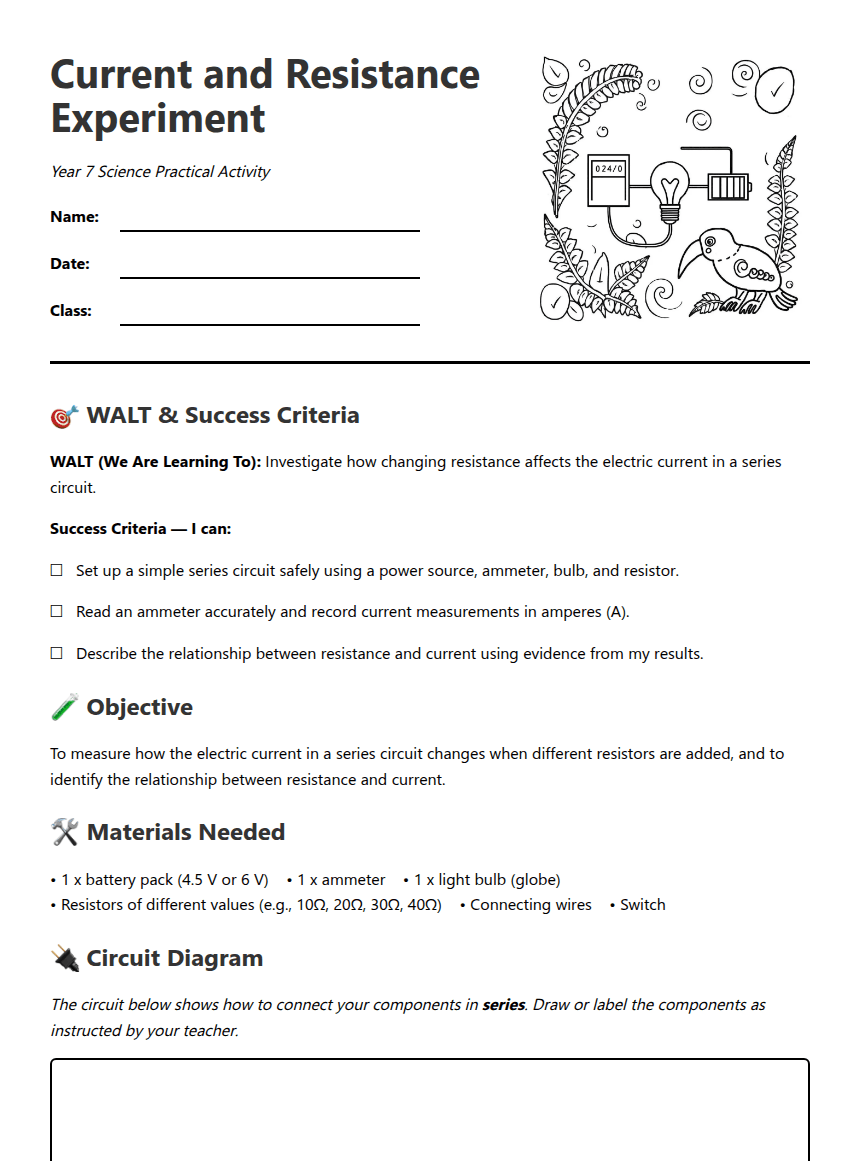 Current and Resistance Experiment worksheet preview